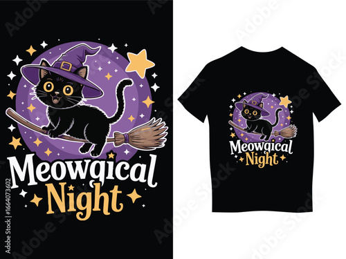 Meowgical Night Halloween Witch Cat TShirt Design