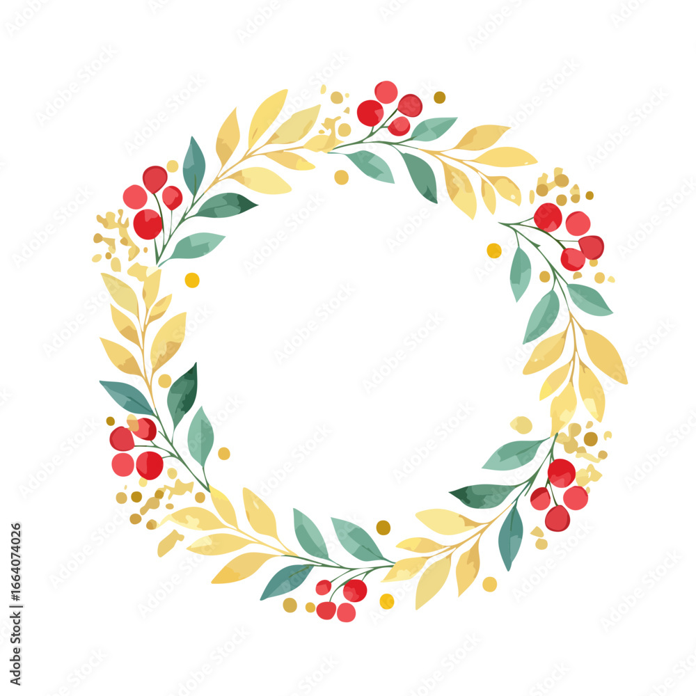 Obraz premium Watercolor circular floral frame with red berries and golden foliage
