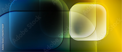Abstract composition. Overlapping translucent squares, curves, gradients. Blue, yellow, green hues dominate dark background. Modern design.
