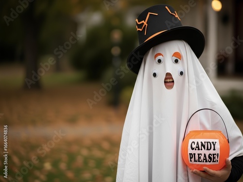 Child Ghost Halloween Costume Trick or Treating Candy Please Autumn Fun