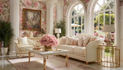 Luxurious floral living room with cream furniture and garden view