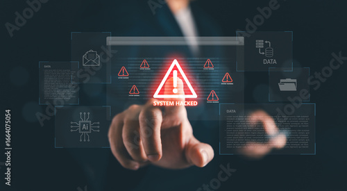 Finger pointing at glowing red system hacked warning on futuristic digital interface with AI and data icons, representing cybersecurity breach, hacking attack, malware threat, and data protection