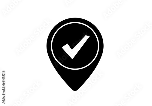 Vector art of black location pin marker with a white check mark inside, symbolizing approval or correctness, isolated on a