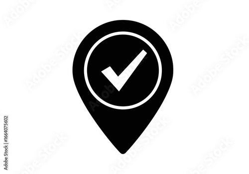 Vector art of black location pin icon with a white checkmark inside a circle, isolated on a, symbolizing confirmation and correctness