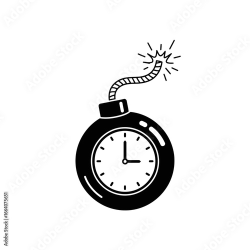 Vector art of a black and white illustration of a time bomb with a lit fuse, isolated on a, symbolizing urgency and impending deadline