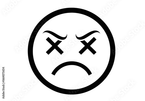 Vector art of a black and white illustration of a sad, angry emoji face with crossedout eyes, isolated on a