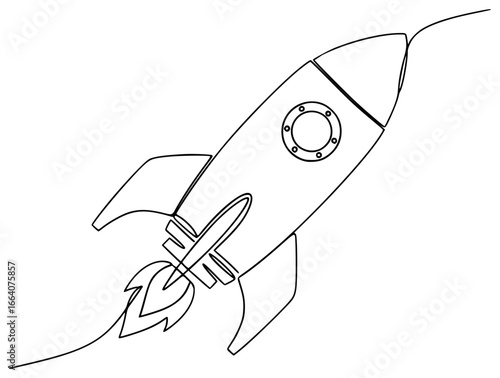 one continuous line drawing flying rocket flat color vector illustration template design
