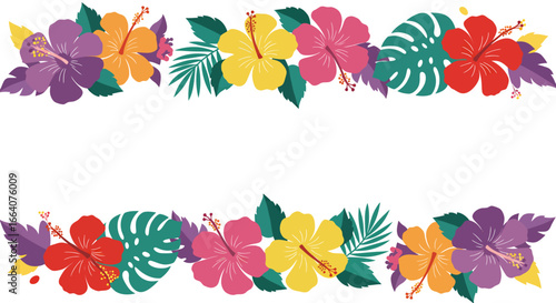 A vibrant vector illustration showcases a colorful arrangement of hibiscus flowers and tropical leaves, perfect for adding a touch of summer to any design project or creative endeavor.
