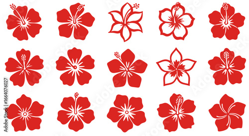 Collection of vibrant red hibiscus flowers in various stylized vector designs, perfect for tropical themes and summer decorations.