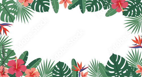 Vibrant vector illustration featuring a tropical floral frame with hibiscus blooms and lush green leaves, perfect for summer-themed designs and backgrounds.