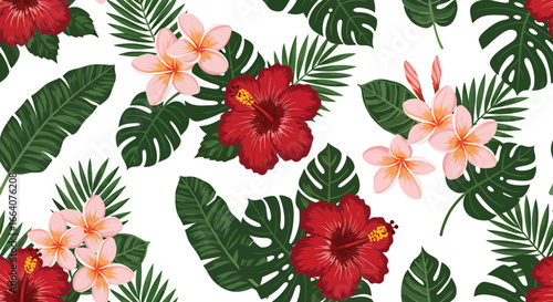 A vibrant seamless tropical pattern showcasing lush red hibiscus and delicate pink plumeria flowers with green palm leaves on a white background.