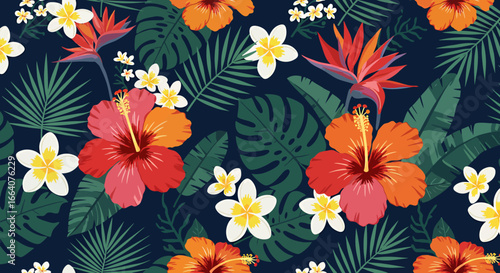 Vibrant tropical floral pattern featuring colorful hibiscus, plumeria, and bird of paradise flowers on a dark blue background.