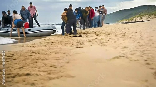 Refugees disembark from a boat onto a beach, with a worried mother holding her child tightly, highlighting a humanitarian crisis