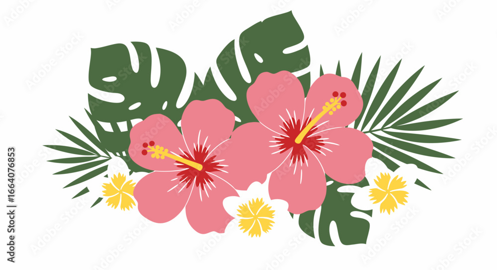 Obraz premium Vibrant pink hibiscus flowers and tropical green leaves create a beautiful decorative floral arrangement perfect for summer designs.