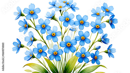 Beautiful blue flowers arrangement nature isolated on transparent background, png, Top side closeup macro view of blue flowers with leaves, on a white isolated background PNG