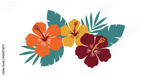 A vibrant arrangement of colorful hibiscus flowers and lush tropical leaves, rendered in a clean, flat vector style, perfect for summer designs.