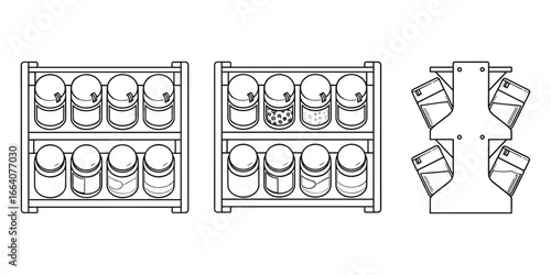 Outline illustration of kitchen storage for spices, herbs, or seasonings in containers.
