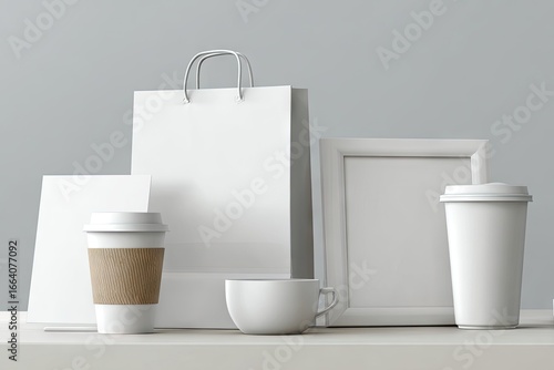 Wallpaper Mural Blank white shopping bag, coffee cups, and frame on a table Torontodigital.ca