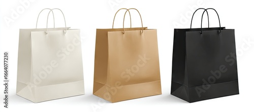 Three blank paper shopping bags in cream, kraft, and black