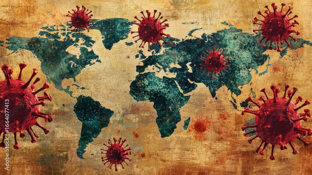 Naklejka premium A world map with red and green virus-like particles scattered across it, set against a textured, aged background.