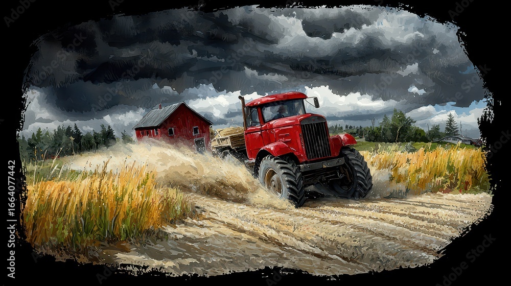 Fototapeta premium Red Tractor in Wheat Field Under Dramatic Stormy Sky