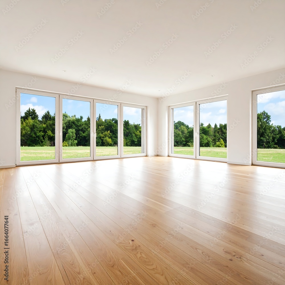 Fototapeta premium Spacious empty room with light wood floors and large windows offering a scenic view of green landscape
