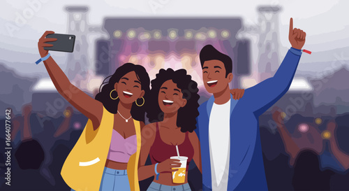 This heartwarming flat design illustration shows a diverse group of friends joyfully celebrating and sharing memorable moments at a vibrant music festival.