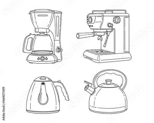 Detailed Line Art Depicting Various Coffee Making Appliances and Tea Kettles Illustration.