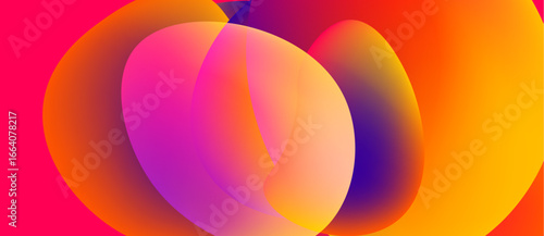 Abstract colorful shapes overlap. Vibrant gradients create dynamic visual effect. Smooth transitions between pink, purple, orange hues.