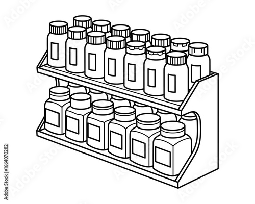Illustration of spice rack shelf holding twenty-four assorted condiment containers