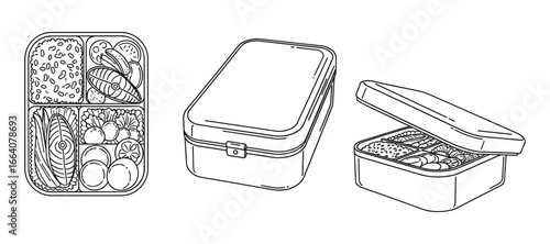 Detailed line art illustration of lunch boxes with healthy food arrangement inside