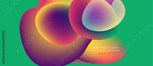 Abstract colorful shapes overlap, creating vibrant visual effect. Green background complements dynamic composition. Modern design element.