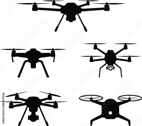 Drone silhouette collection, quadcopters, multi-rotor drones, aerial photography, camera drones, flying technology, black vector icons on white background, modern drones