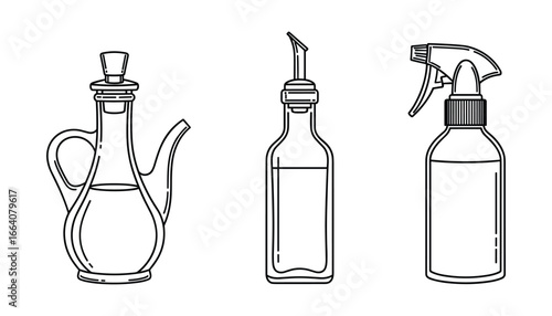Collection of stylized vector bottles with pouring spouts and spray nozzle, drawing.