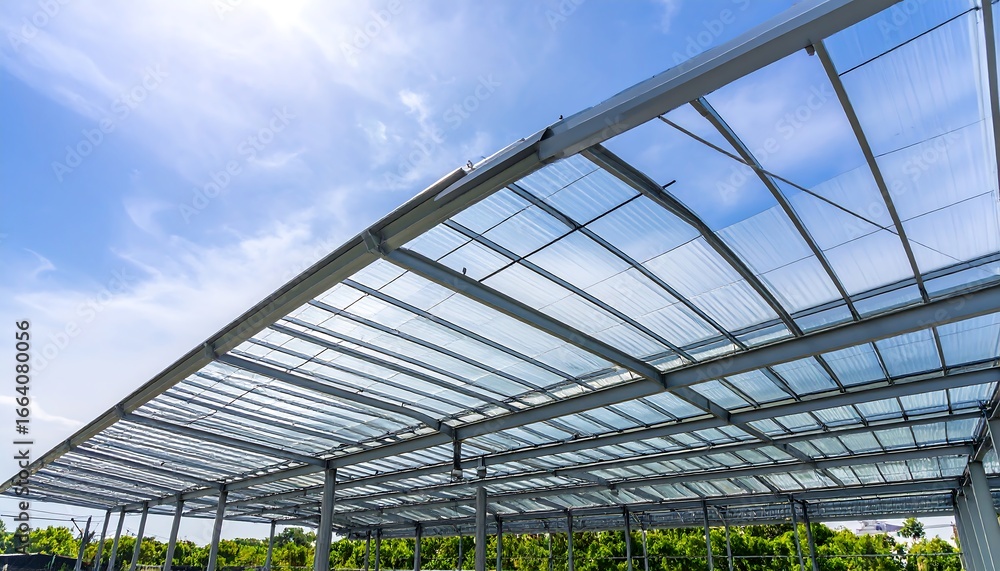 Fototapeta premium A modern, glass-roofed structure under a vibrant, sunny sky, showcasing the intricate metal framework and clear panels.