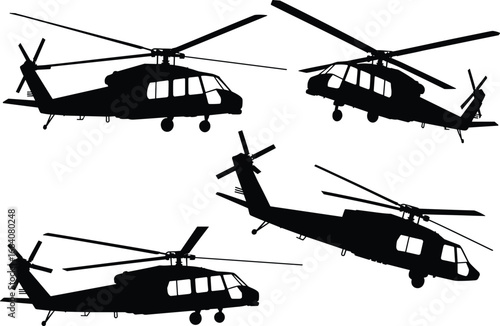 Helicopter silhouette, military aircraft vector, aviation design, transport helicopter graphic, rescue chopper illustration, isolated rotorcraft, flying vehicle artwork