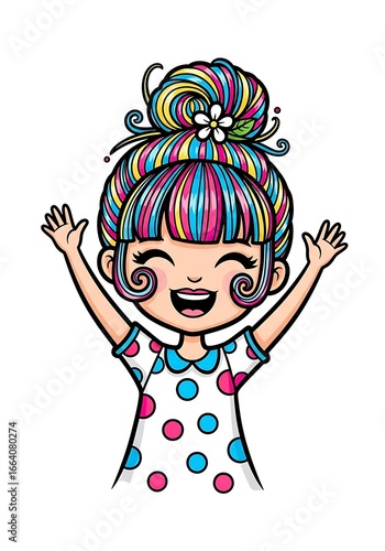 Joyful Cartoon Girl with Colorful Hair and Polka Dot Dress.