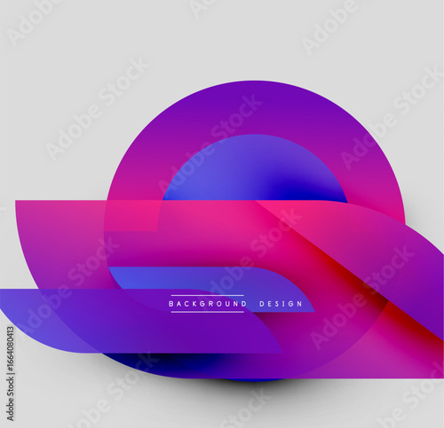 Abstract vibrant design features overlapping colorful shapes. Gradient hues blend smoothly creating dynamic visual effect. Modern composition.