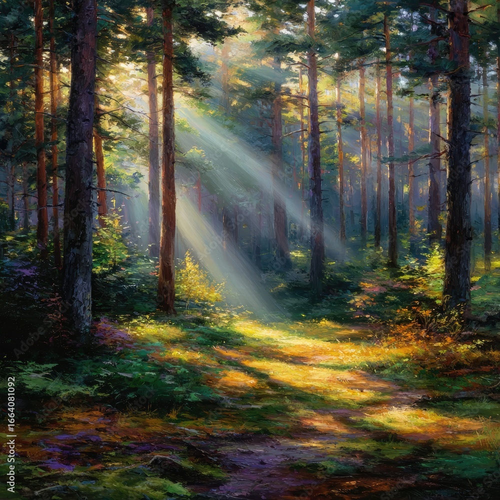 Fototapeta premium Sunlight streams through a sunlit forest path