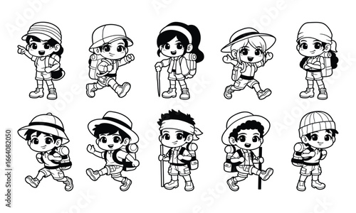 Outline kids hikers character vector graphic illustration set.