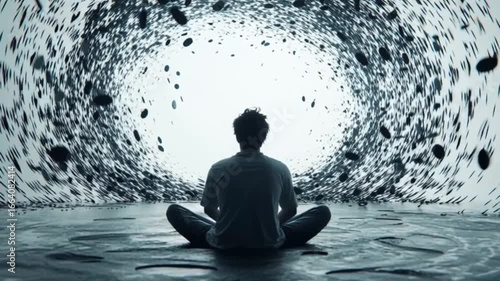 Young Man Sitting Crosslegged in Meditation Pose Inside Surreal Black and White Water Tunnel