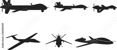Military drone silhouettes, unmanned aerial vehicles, UAVs flying, modern drone technology, aerial surveillance aircraft, remote controlled drones, black vector icons