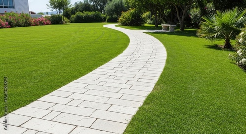 A beautifully manicured garden features a winding stone pathway through lush green grass and vibrant foliage, leading towards a tranquil seating area