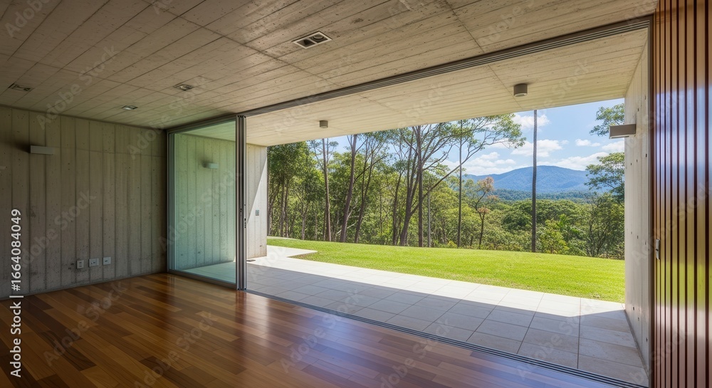 Fototapeta premium A modern concrete and wood interior opens to a lush green lawn and distant mountains through a large glass sliding door