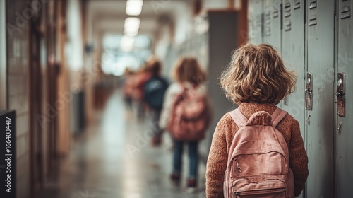 Kindergarten Students in Hallway. School from Back with Backpack. Stock Photo for Back to School Theme. Fresh and Energetic Start.