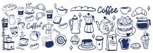 Coffee hand drawn doodle sketch set vector illustration. Morning breakfast, milk, dessert, croissant, machine, menu icons collection