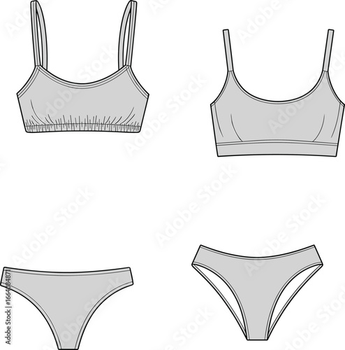 Vector illustration of women’s bra and panty set, front and back view, flat fashion template for lingerie, clothing, and undergarments.Vector illustration of women’s bra and panty set,