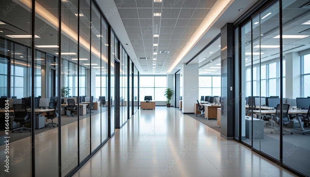 Fototapeta premium Modern and Spacious Office Interior with Glass Walls and Abundant Natural Light