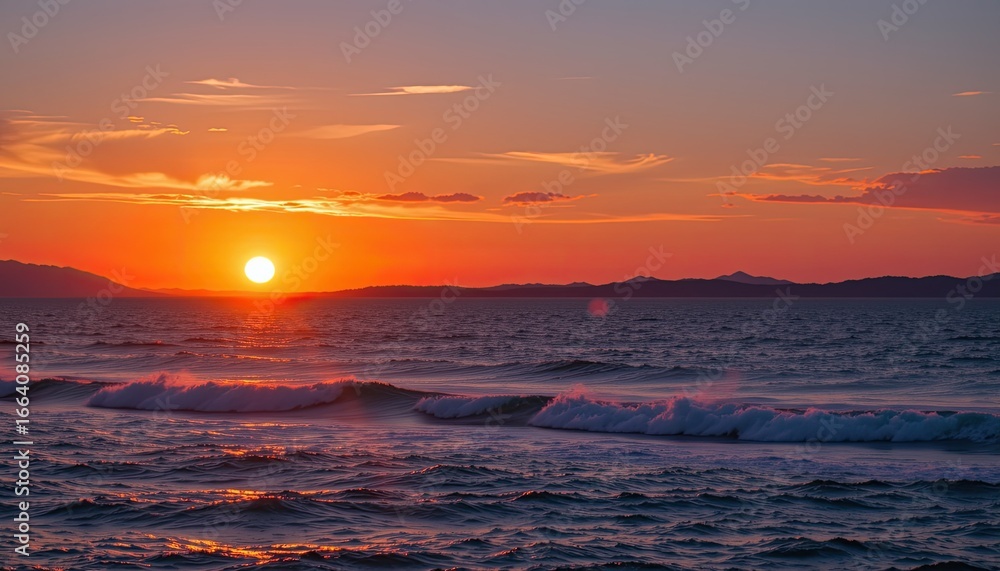 Obraz premium Serene Sunset over Calm Ocean Waves Reflecting Colorful Sky at Dusk