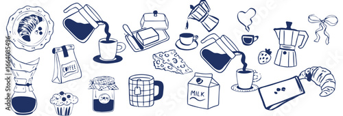 Coffee hand drawn doodle sketch set vector illustration. Morning breakfast, milk, dessert, croissant, machine, menu icons collection
